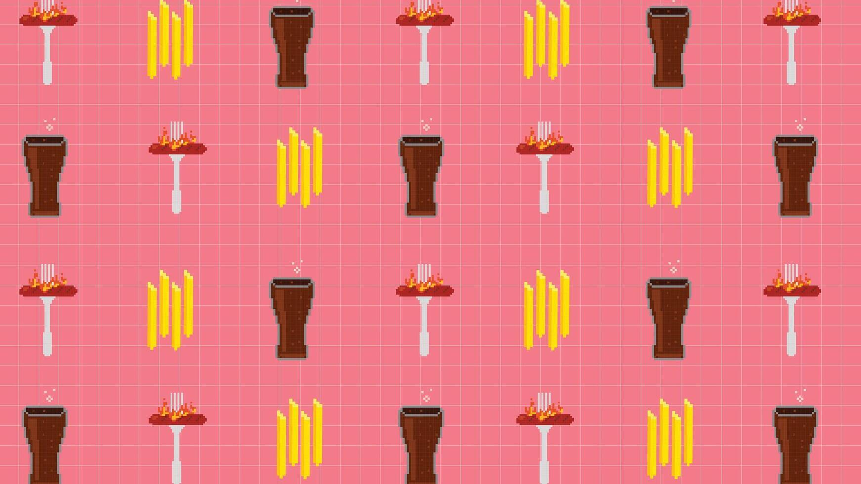 A background featuring pixel art beer, French fries, and grilled sausage on a pink grid background. Perfect for food related designs, restaurant branding, digital art, and retro themed projects. vector