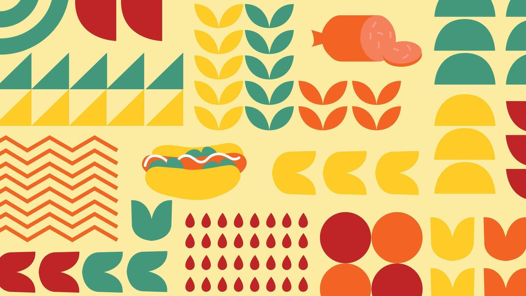 A background with BBQ themed geometric shapes, grill elements, and retro style illustrations. Ideal for food packaging, restaurant branding, summer events, and digital backgrounds. vector