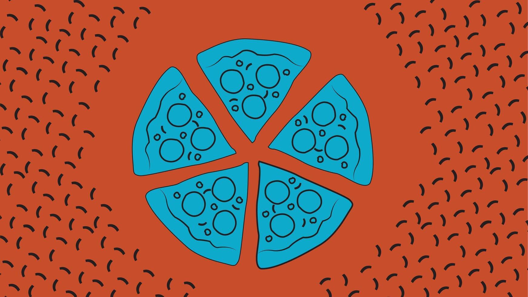 A fun and bold illustration featuring six bright blue pizza slices arranged in a circular on a textured red background. A creative and abstract take on food, pop art, and modern graphics. vector