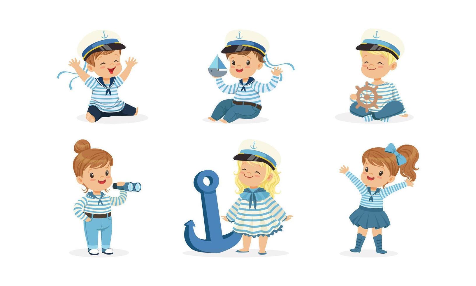 Cute Little Kid Characters Wearing Mariner Uniform Illustrations Set vector