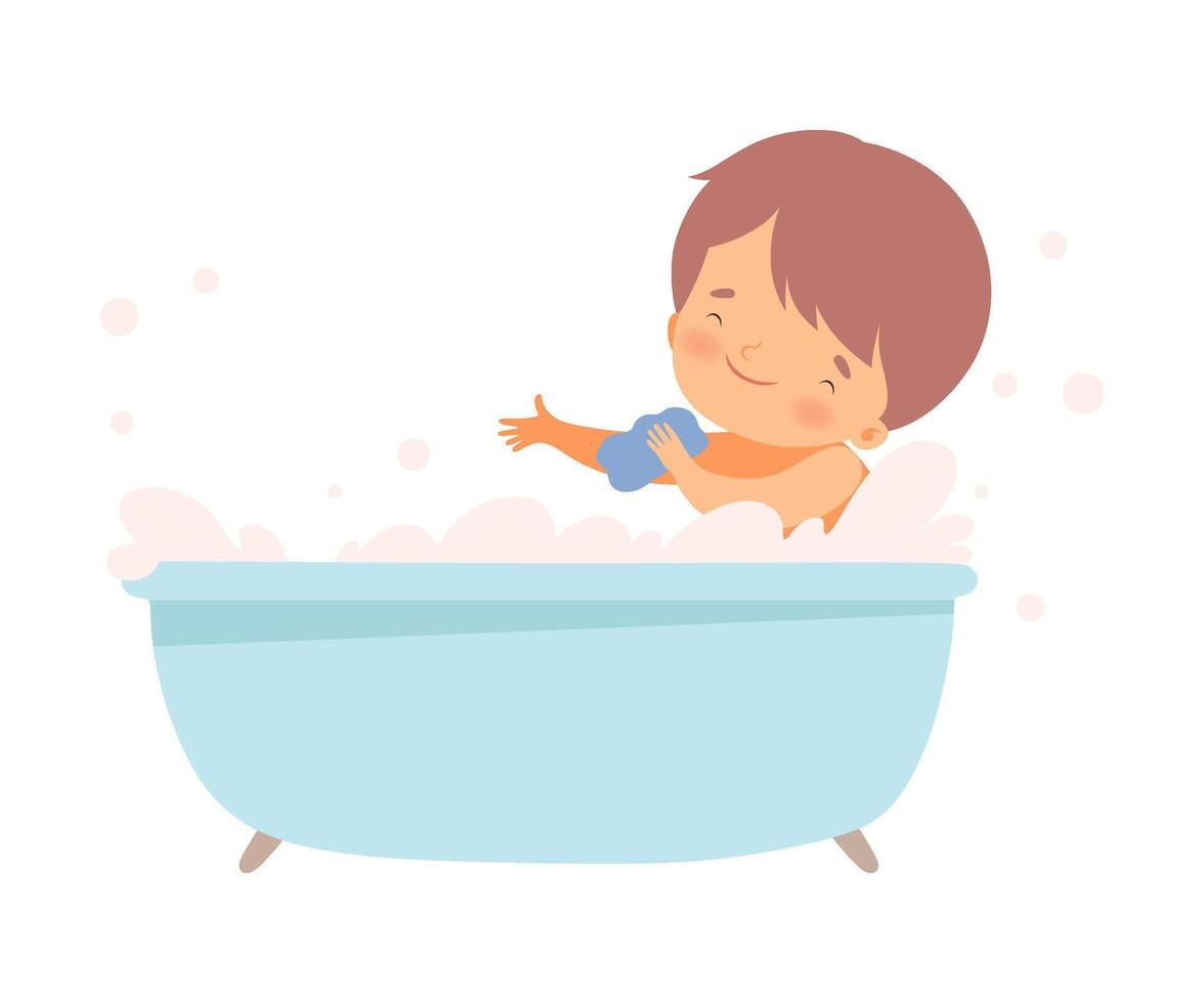 Little Boy Bathing Himself Sitting in Bathtub Illustration vector