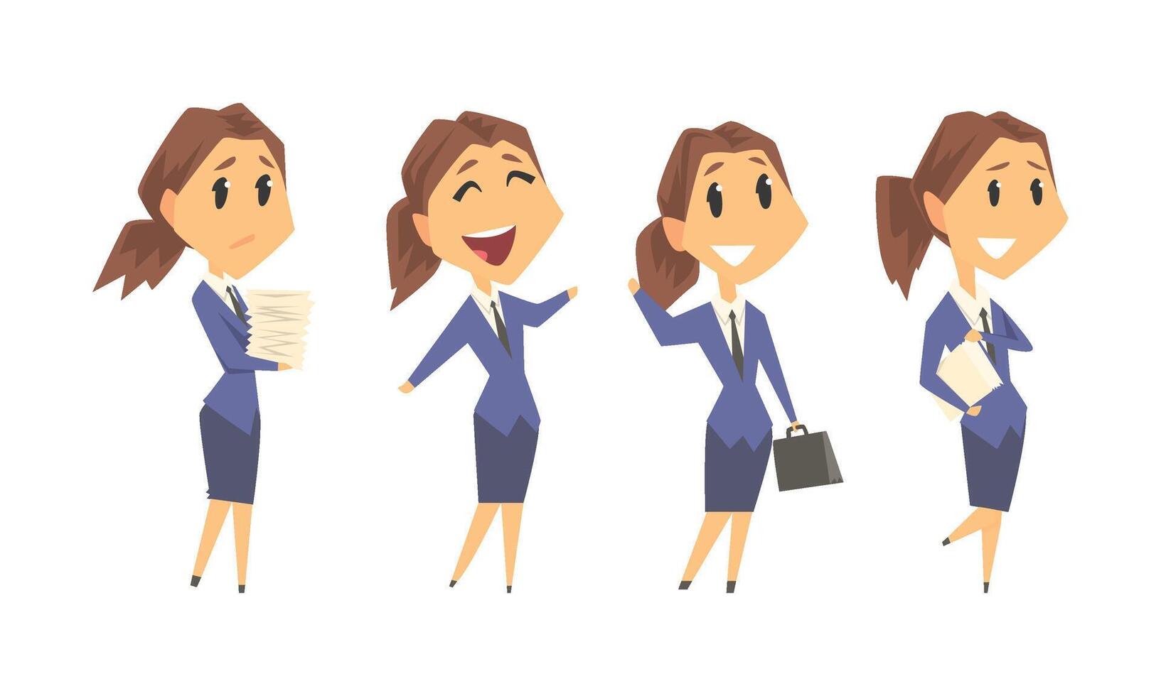 Woman Wearing Office Uniform and Working on Project During the Day Set vector
