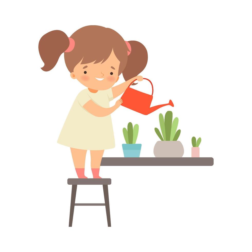 Little Girl Standing on Chair and Watering Flowers Illustration vector