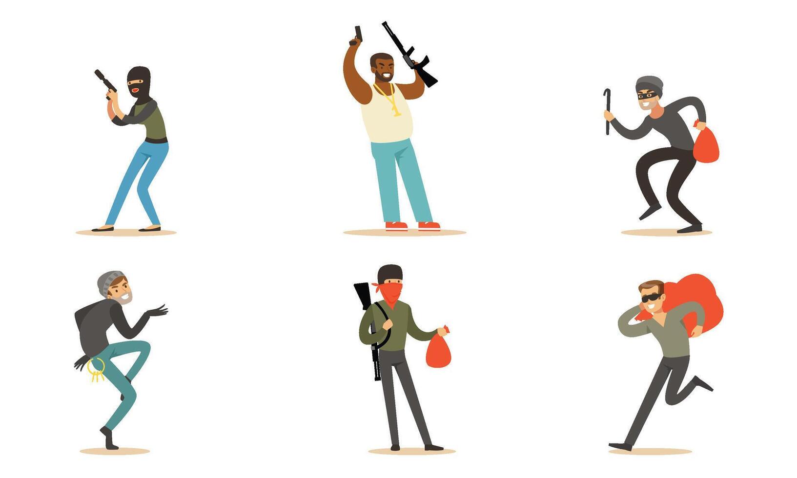 Masked Criminal Characters, Bandits And Gangsters With Guns Illustration Set Isolated On White Background vector