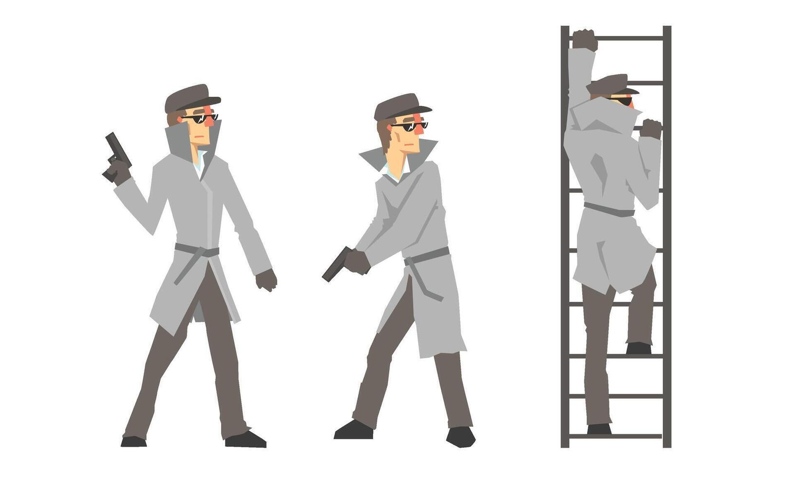 Funny Cartoon Private Detective Character Is Investigating Illustration Set Isolated On White Background vector
