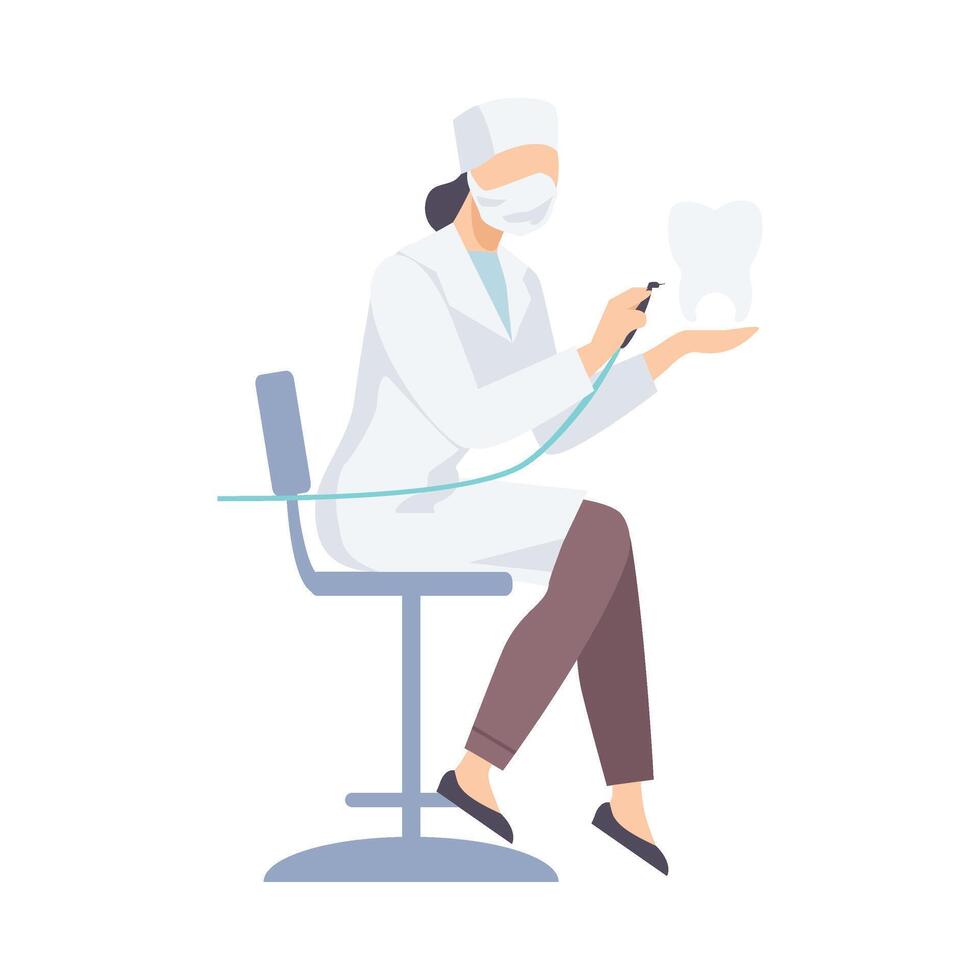 Dentist Female In White Robe Sitting With Special Equipments Flat Illustration vector