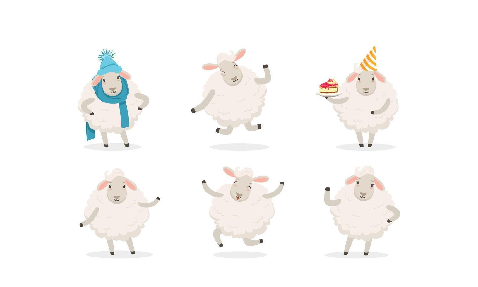 Cute Cartoon Sheep Set. Farm Wooly Character Wearing Warm Clothing vector