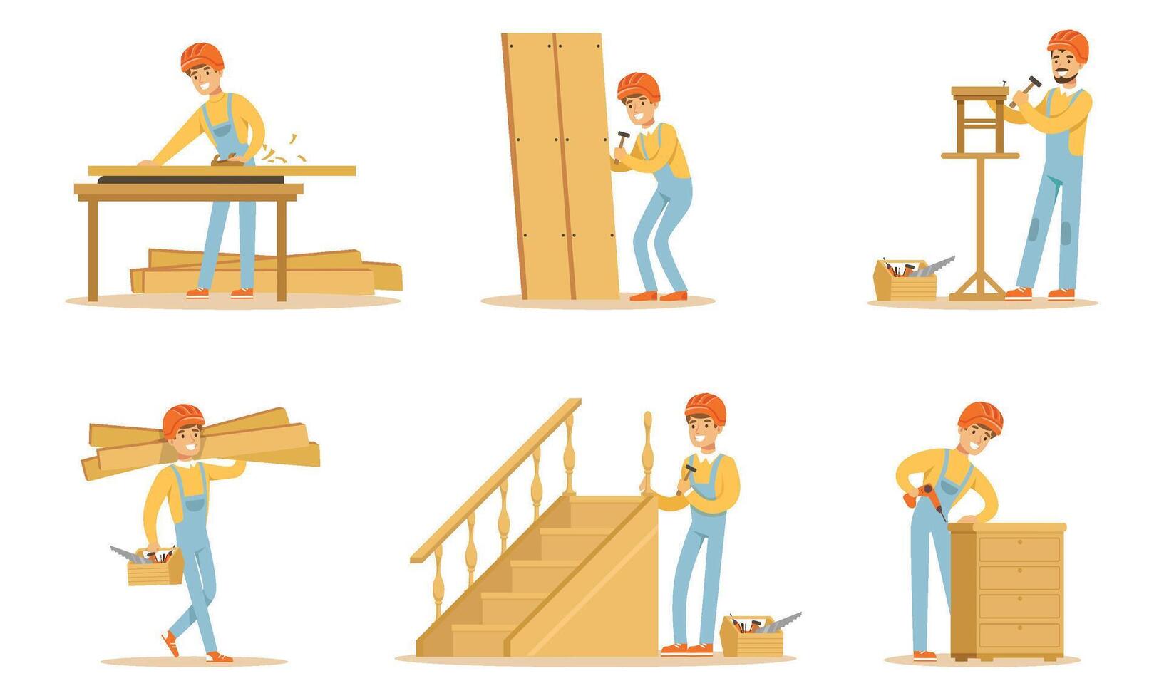 Cartoon Carpenter Character With Tools For Woodworking And Repair Illustration Set Isolated On White Background vector