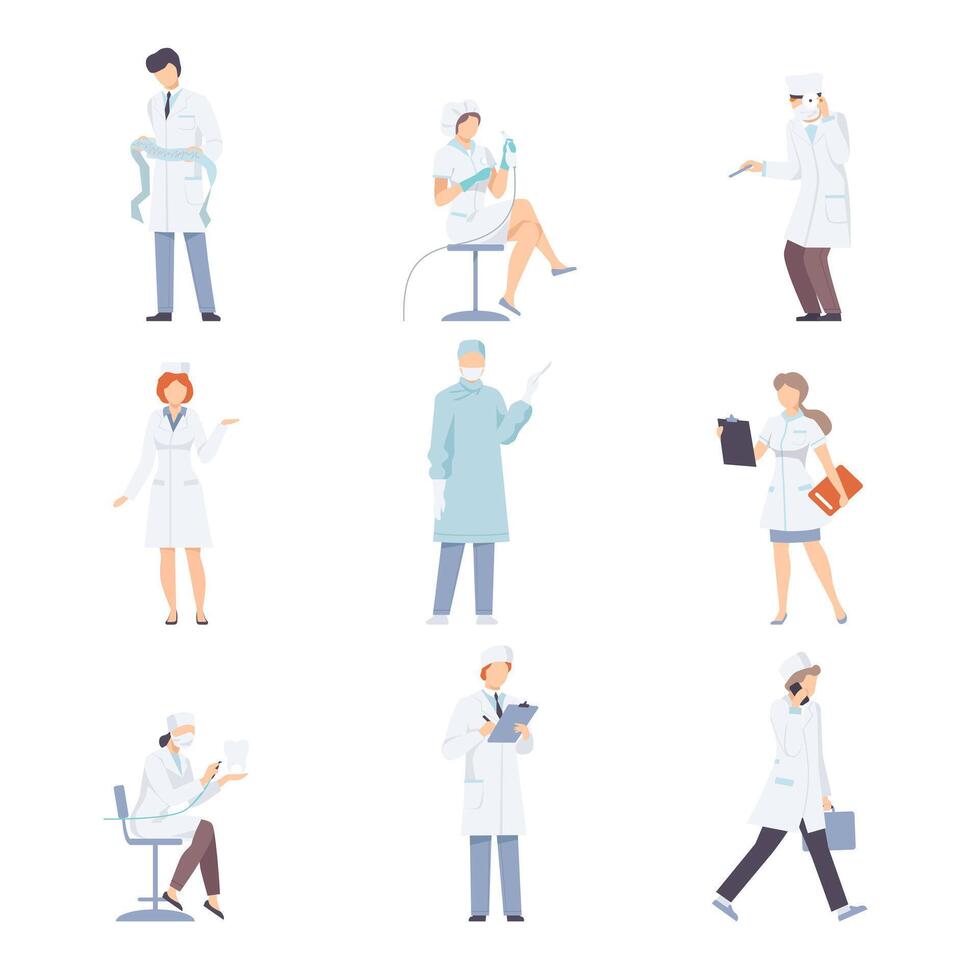 Medical Workers In White Uniform In Different Actions Flat Illustration Set vector