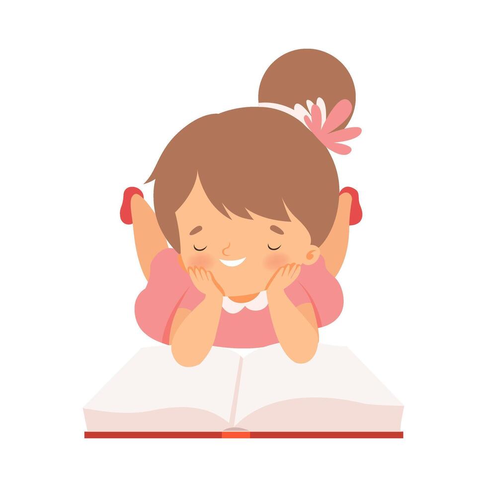 Little Girl Lying on Floor and Learning to Read Illustration vector