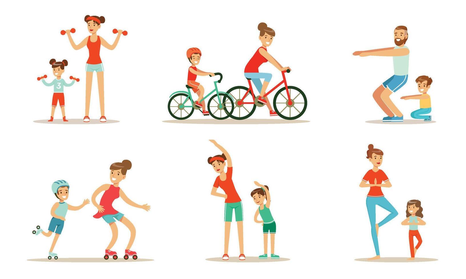 Parents With Children Doing Sports Exercises Together Illustration Set Isolated On White Background vector