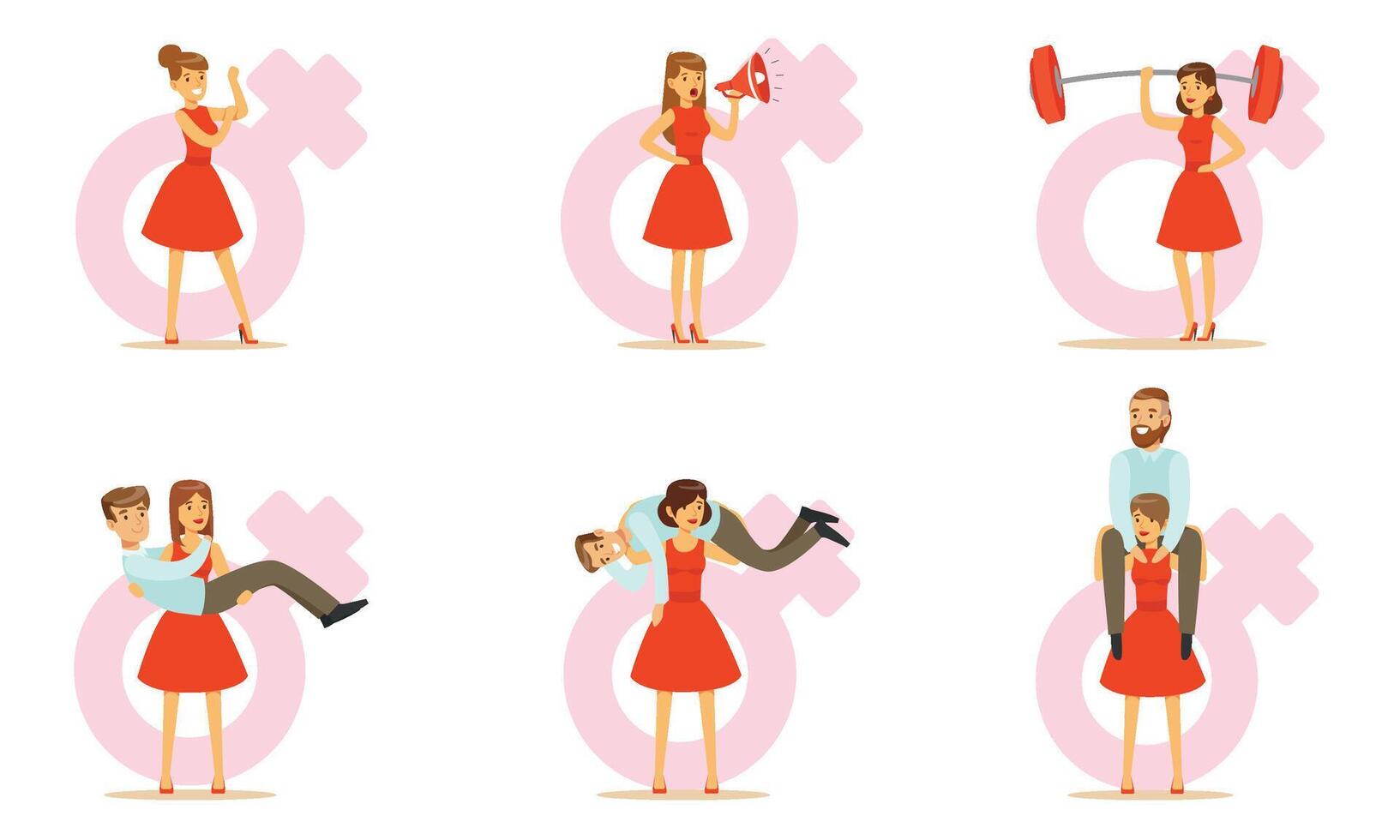 Modern Women Problem Due To Oppression By Men, Girl Power Illustration Set Isolated On White Background vector