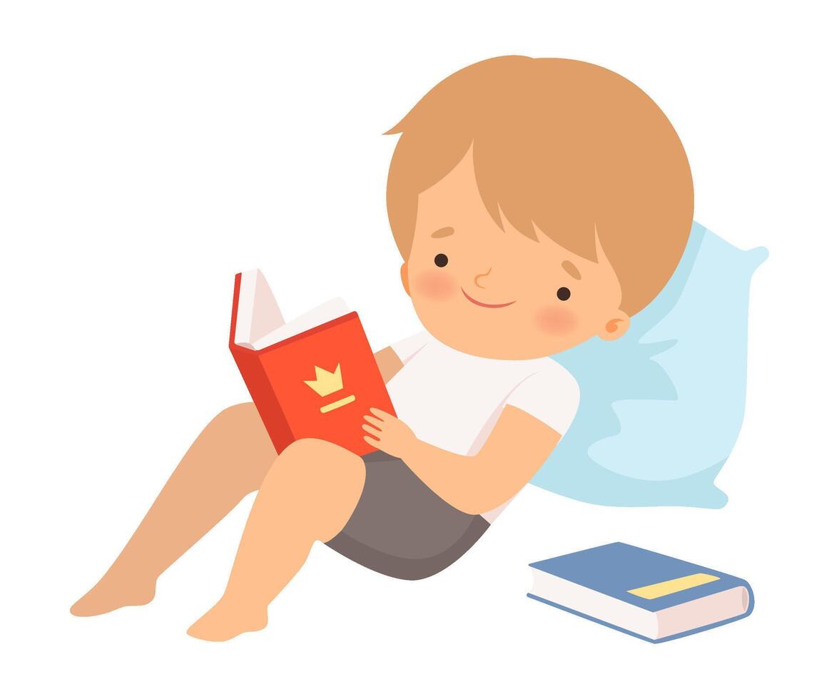Boy Character Lying on Pillow and Learning How to Read vector