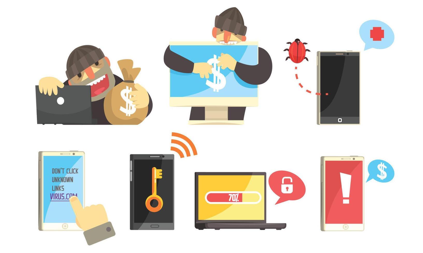 Information Security And Cyber Crimes, Stolen Money Illustration Set Isolated On White Background vector