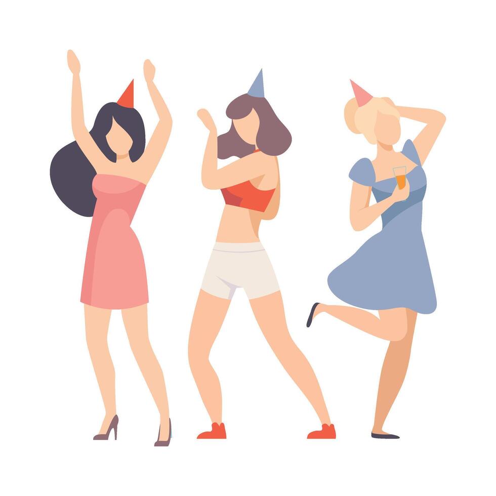 Beautiful Girls In Holiday Clothes Cheerfully Dancing At A Party Or Disco Illustration Isolated On White Background vector