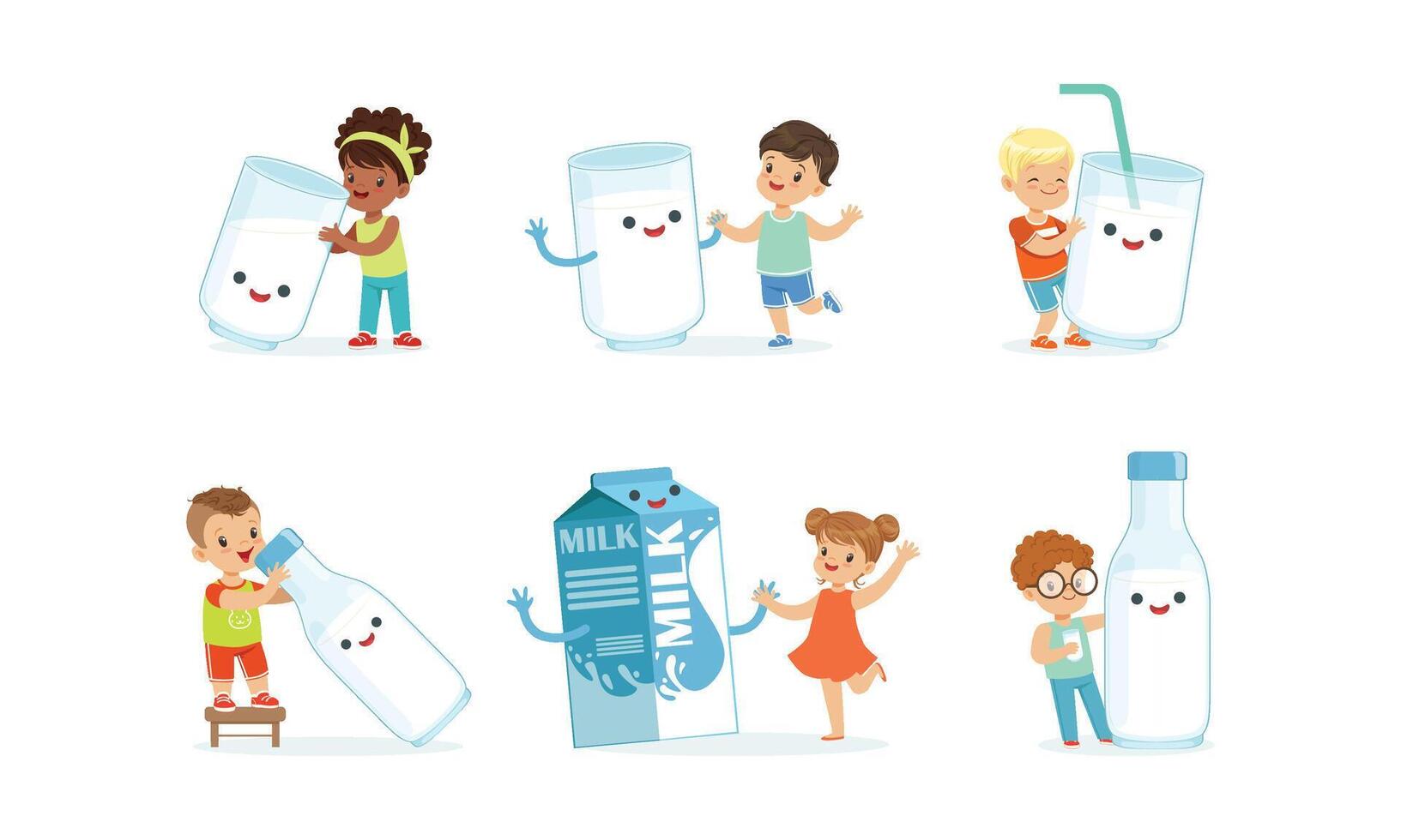 Little Children Having Fun with Big Carton of Milk Set vector