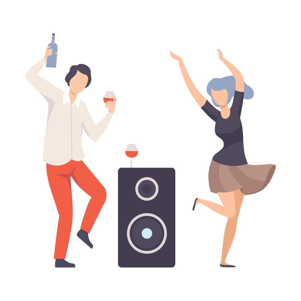 Guy And Girl Dancing With Drinks And A Musical Speaker At A Party Or Disco Illustration Isolated On White Background vector