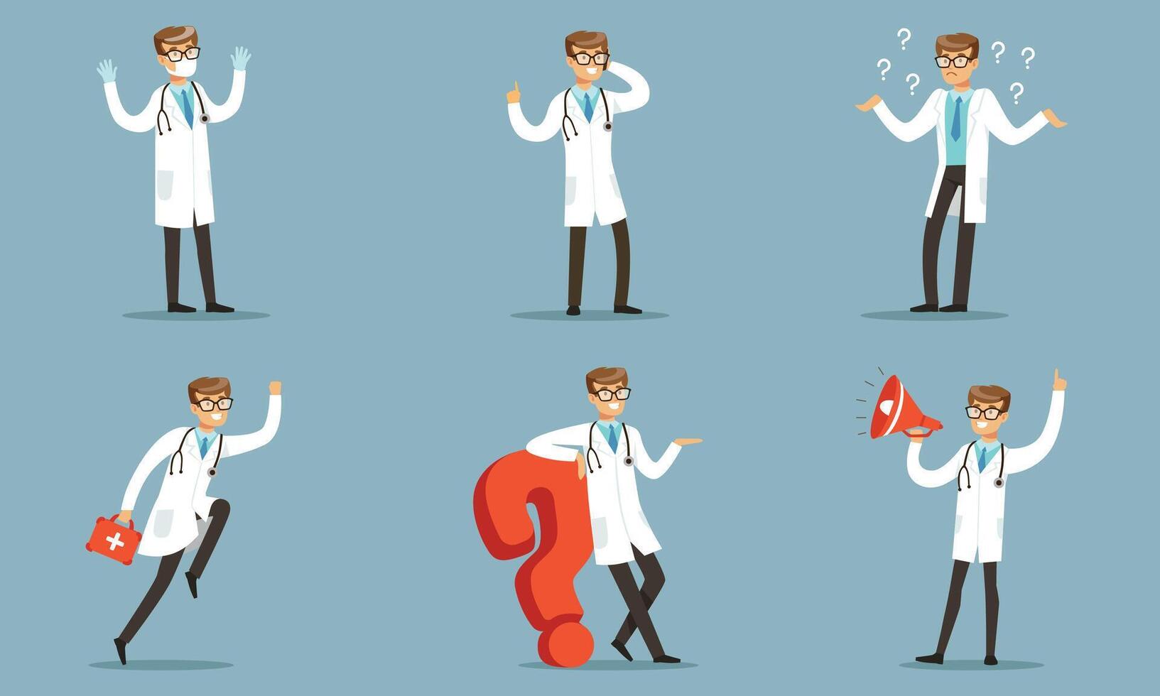 Doctor Character In Different Actions Pondering A Patients Diagnoses Illustration Set Isolated On Blue Background vector
