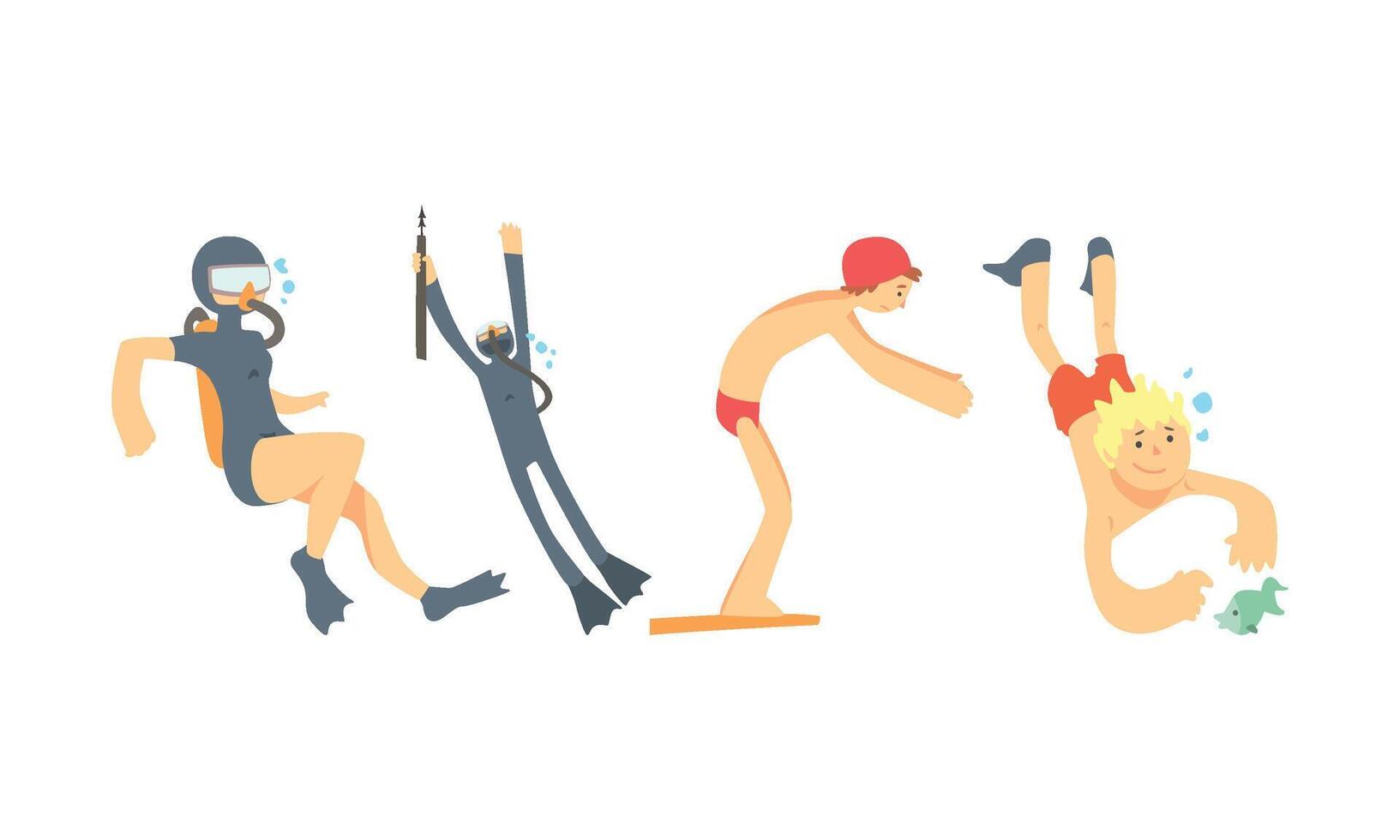 People Characters Having Vacation and Doing Water Activities Illustrations Set. vector