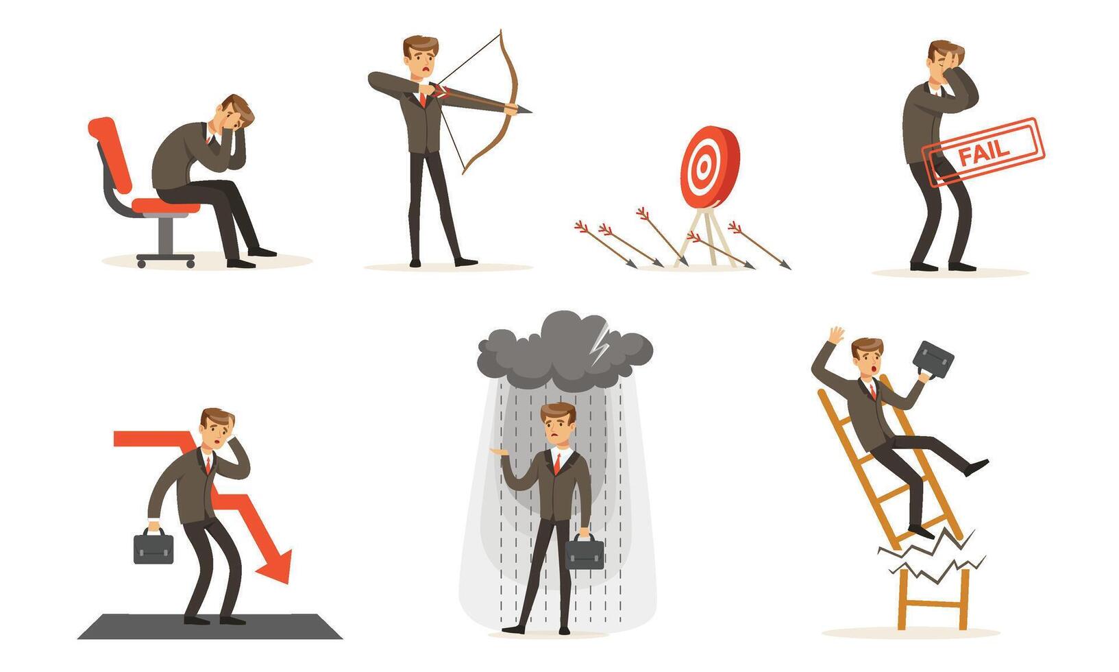 Unsuccessful Businessman In Suit And Failures In Work Illustration Set Isolated On White Background vector