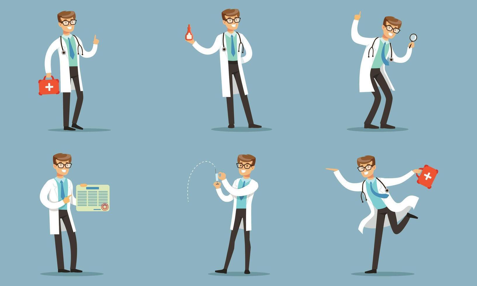 Handsome Doctor In Medical Uniform Doing Daily Work With Tools Illustration Set Isolated On Blue Background vector