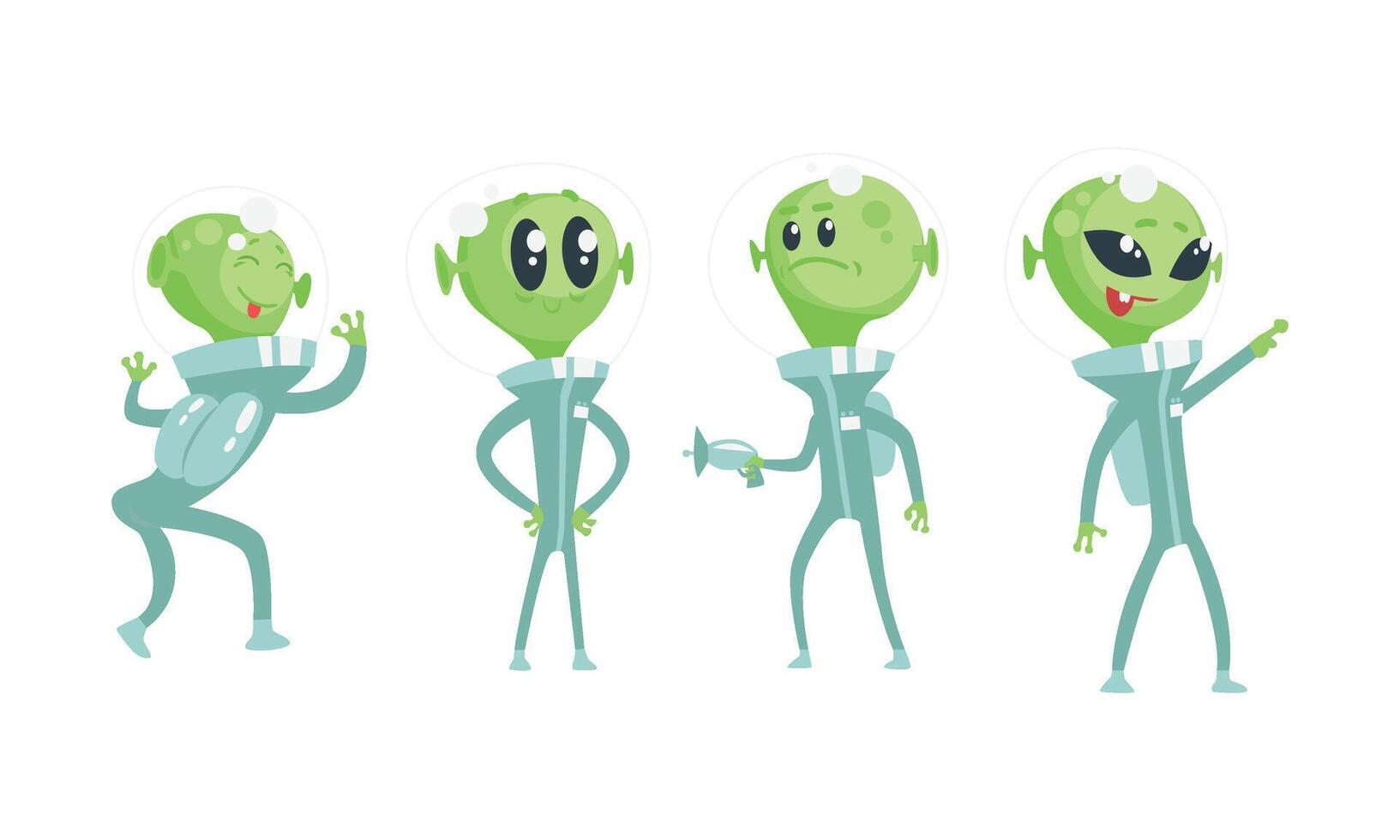 Cartoon Alien Characters Wearing Space Costume Set vector