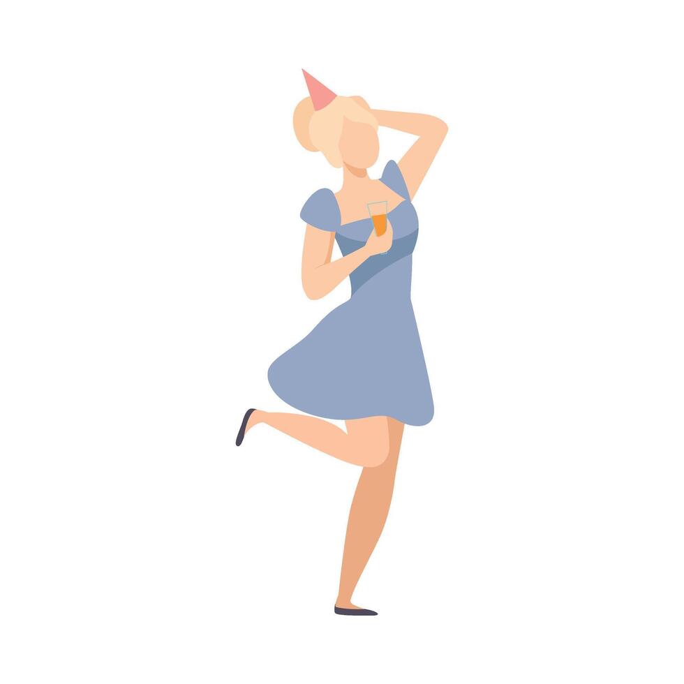 Young Girl In Blue Dress And In Party Hat Dancing At Disco Illustration Isolated On White Background vector