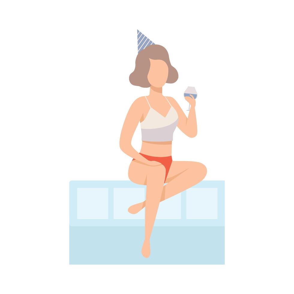 Girl Sitting On Side Of Pool With Glass Of Cocktail At Party Illustration Isolated On White Background vector