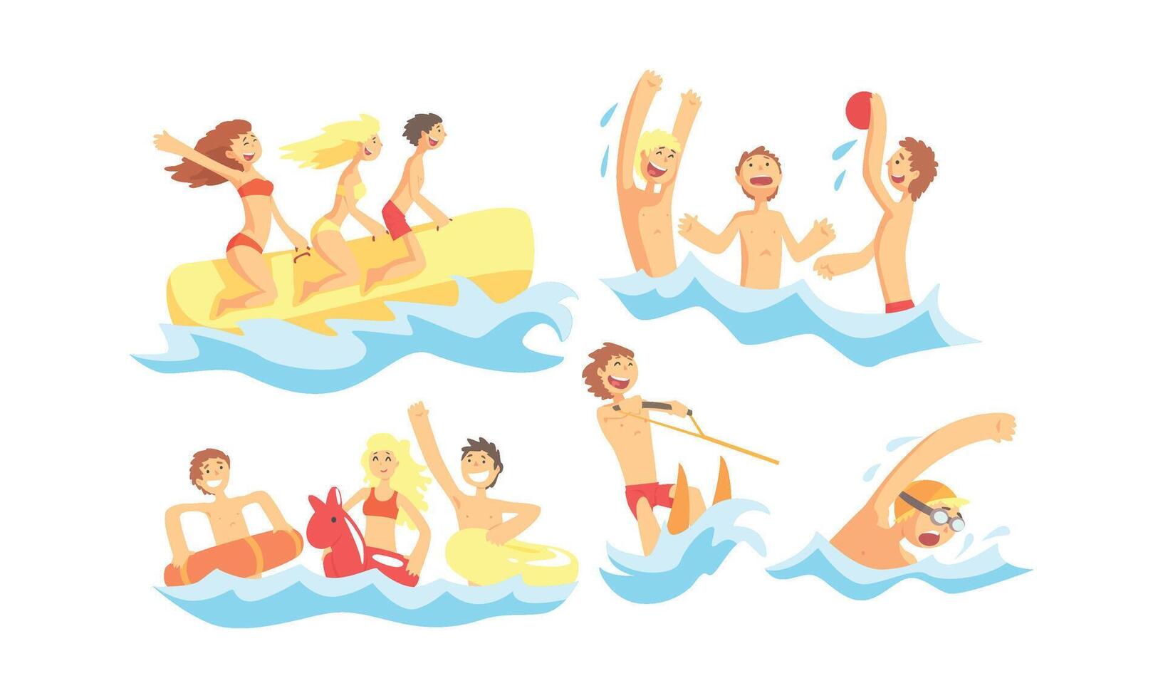 People Characters Having Vacation and Doing Water Activities Illustrations Set vector