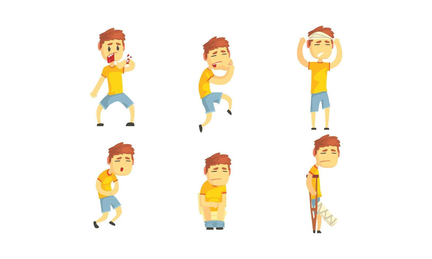 Sick Kid Character Suffering From Chickenpox and Stomachache Set vector