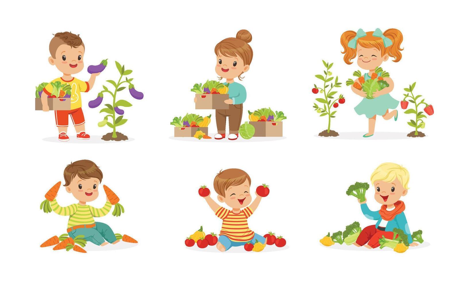 Little Kids Sitting on Garden-Bed Playing with Vegetables Set vector