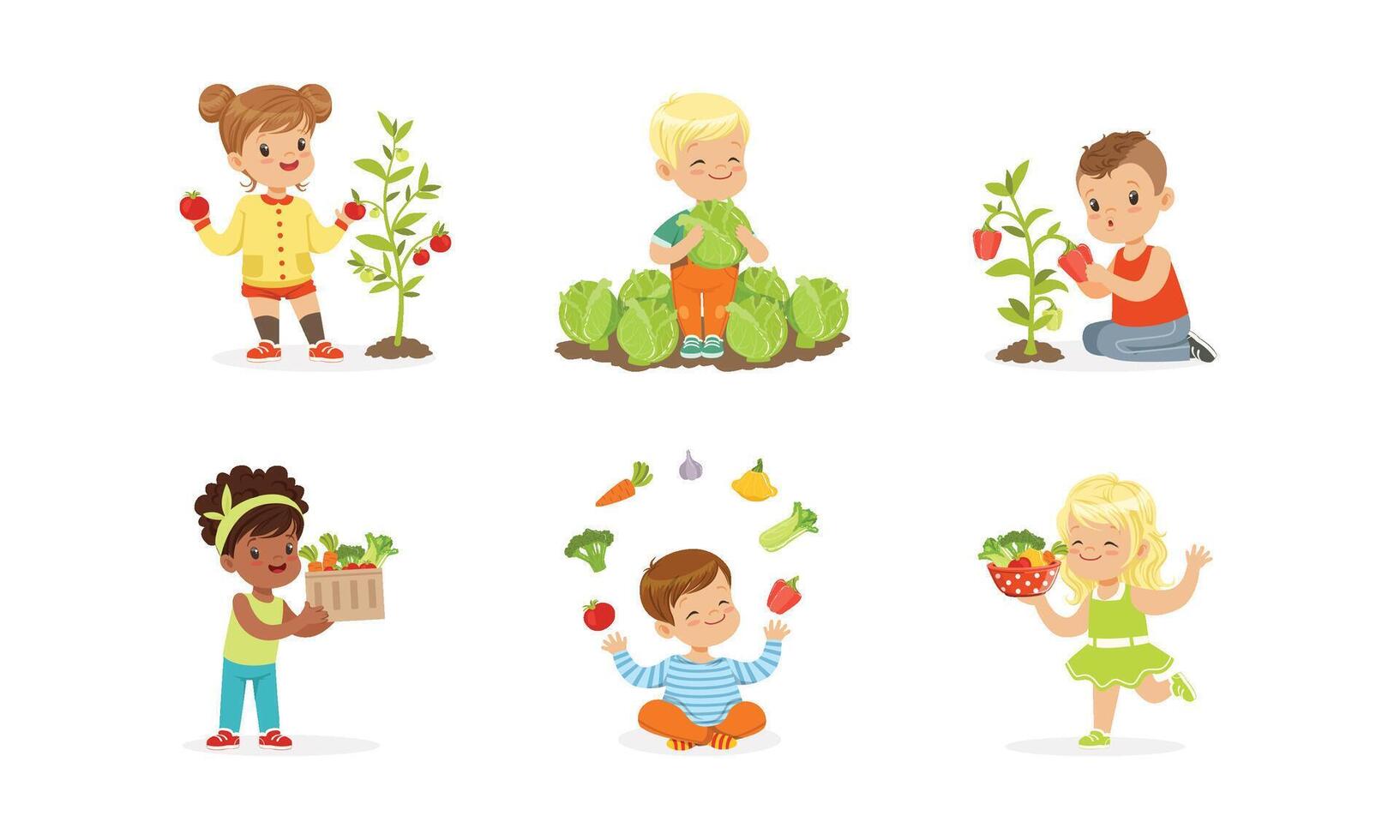 Little Kids Sitting on Garden-Bed Playing with Vegetables Set vector