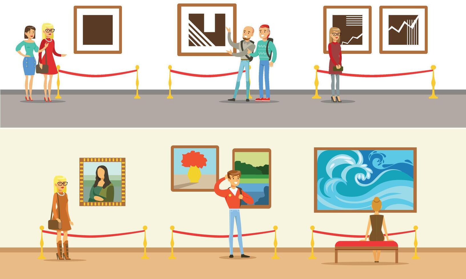 Museum Visitors Taking Museum Tour With And Without Guide Illustrations vector