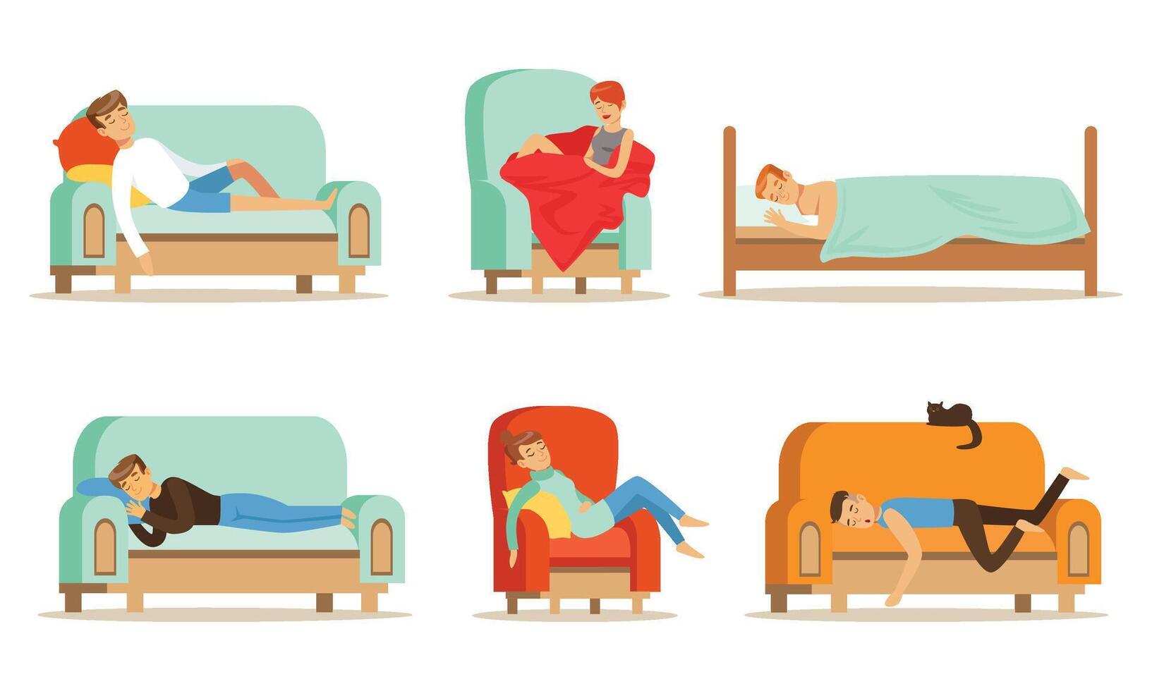 People Sleeping In Different Positions At Home Illustrations vector