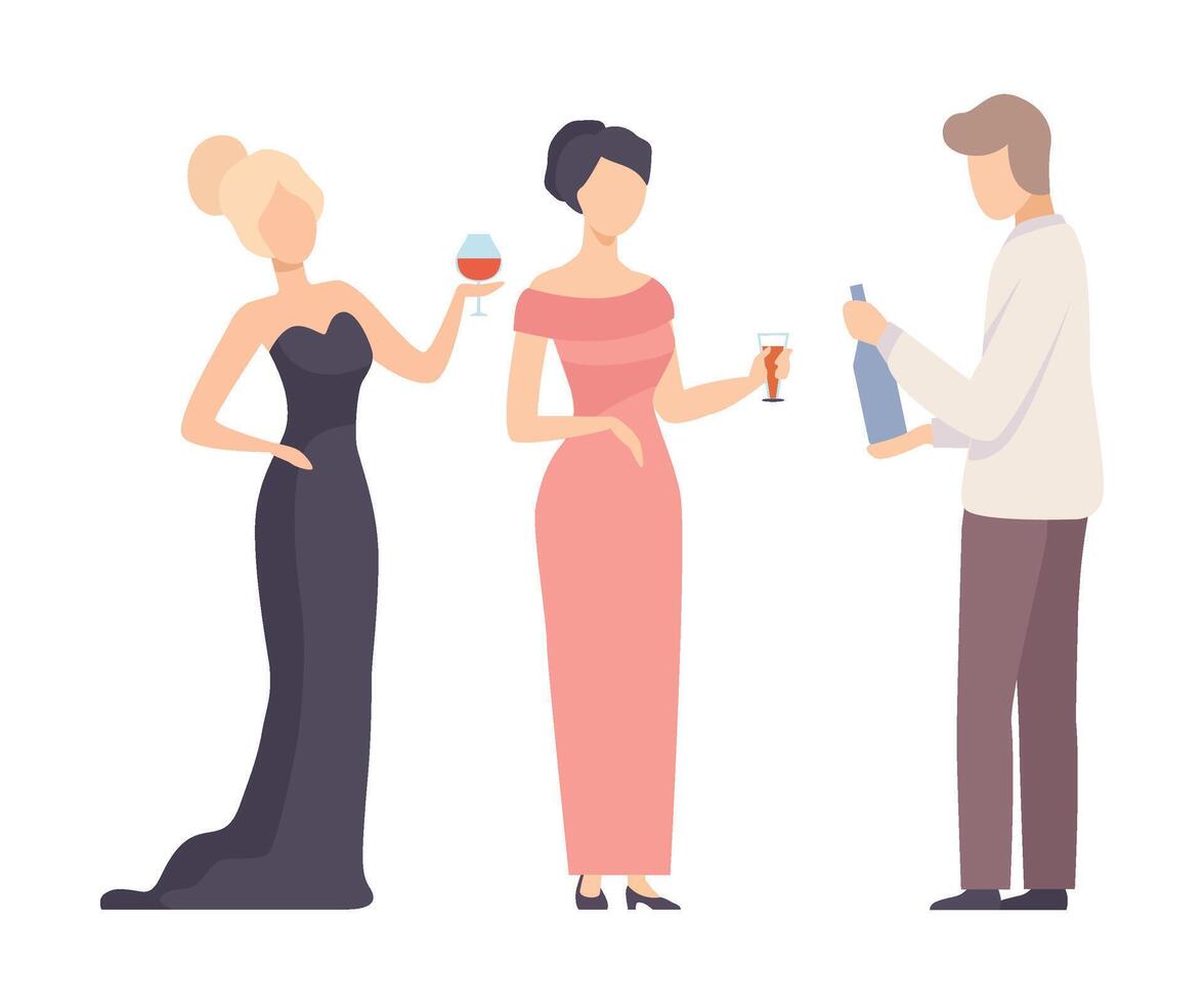 Two Girls At The Event And Waiter Carrying Alcoholic Drinks Illustration Isolated On White Background vector