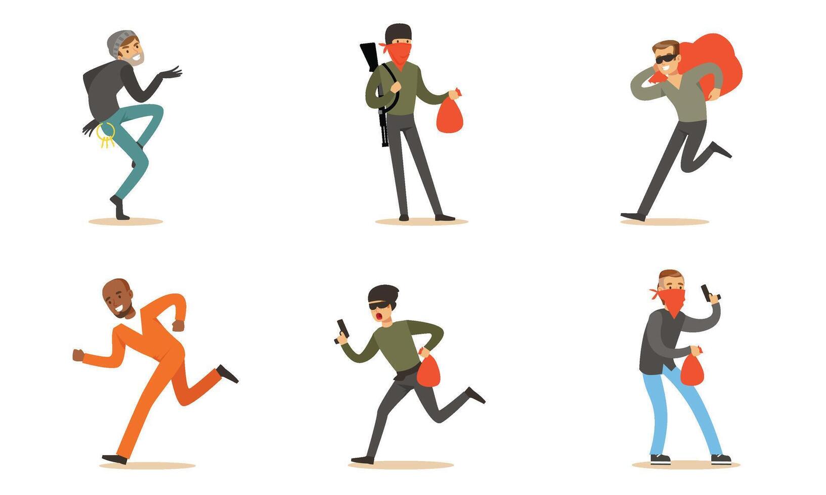 Masked Criminal Characters, Prisoner, Burglar And Terrorist With Booty And Guns Illustration Set Isolated On White Background vector
