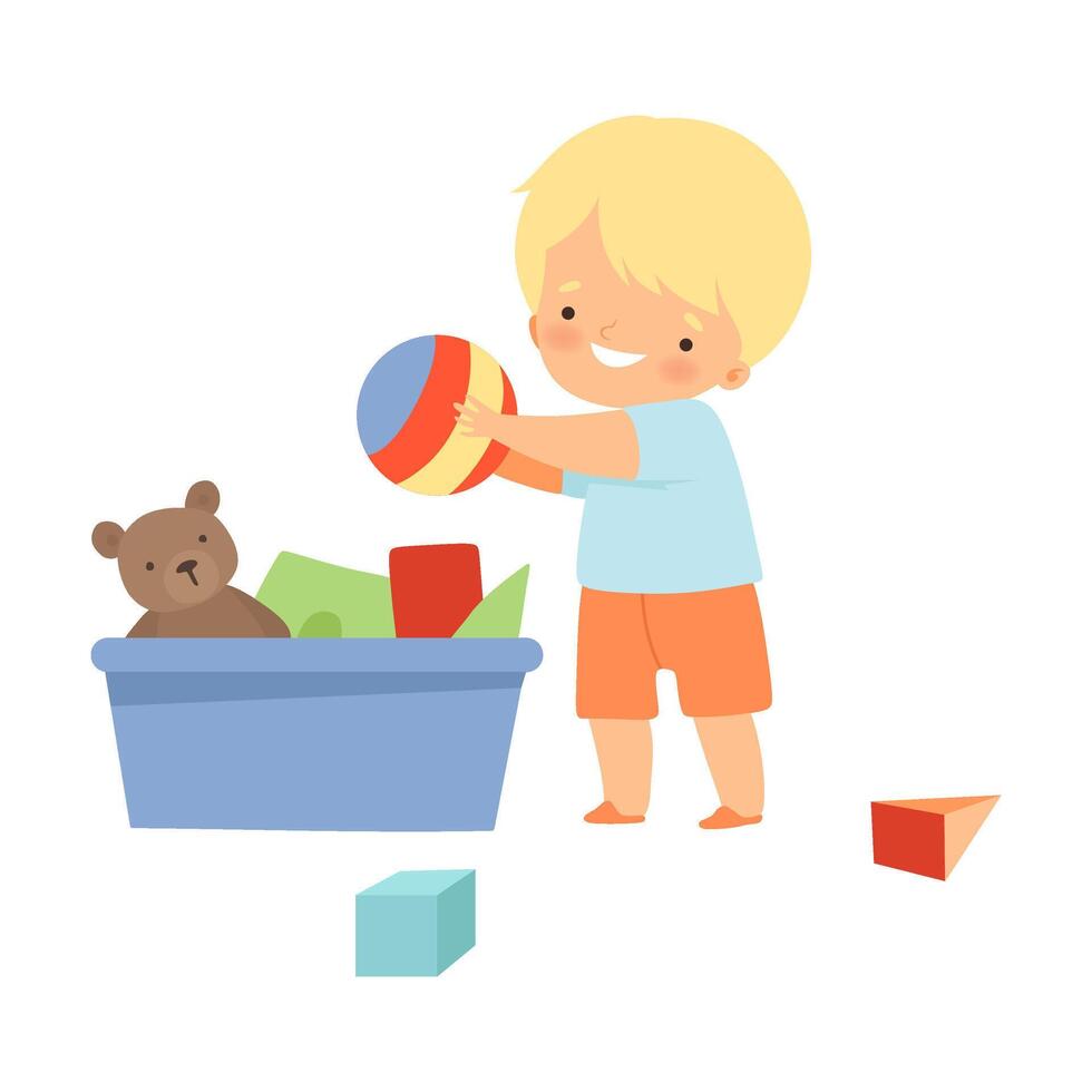 Little Boy Gathering His Toys and Tidy Up His Room Illustration vector