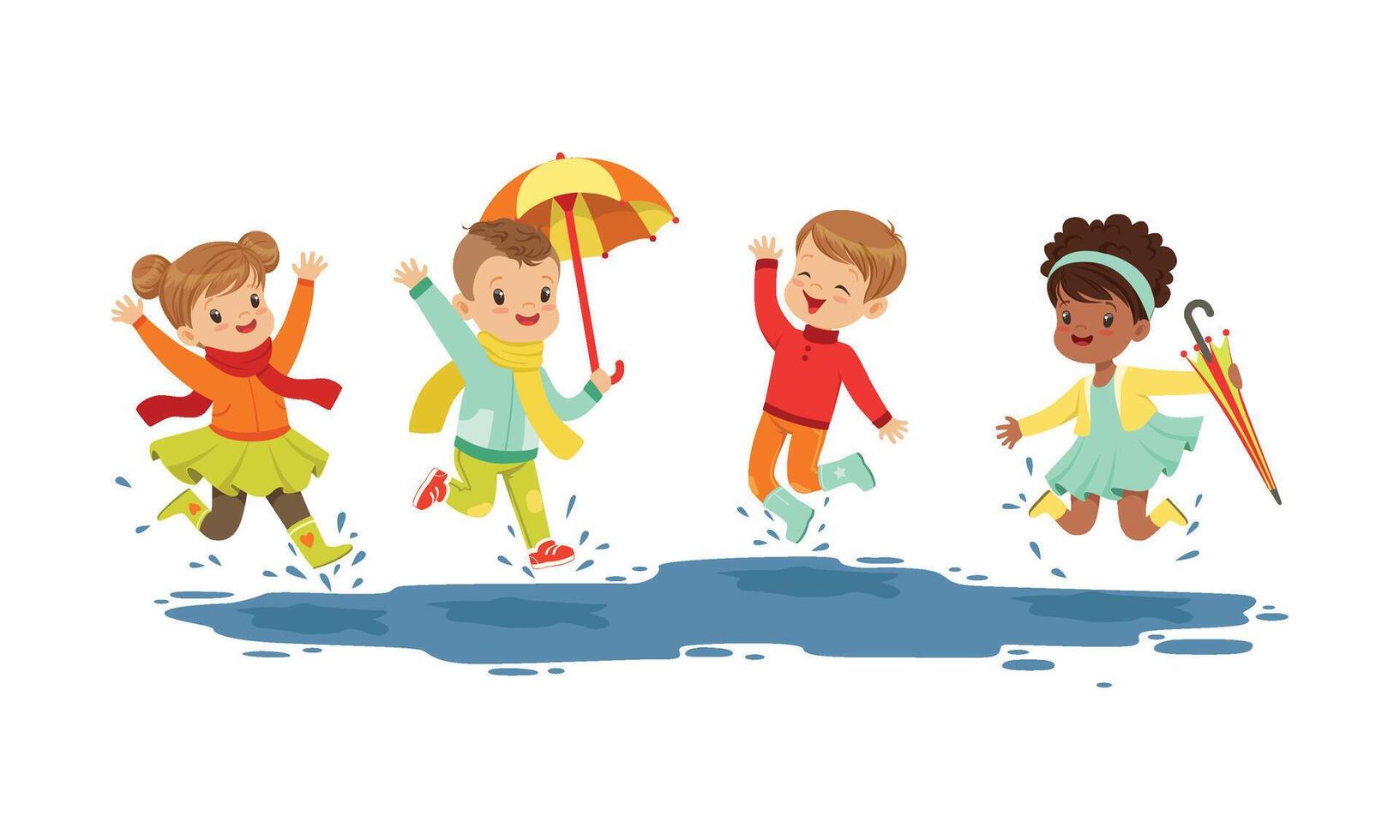 Smiling Little Kids Jumping in a Puddle in Rainy Day Illustration vector