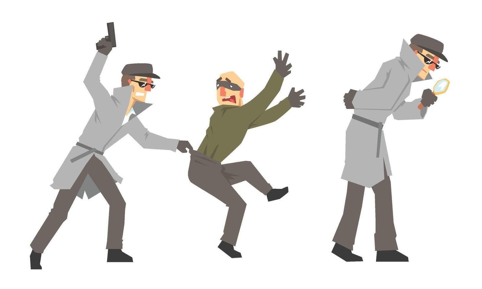 Police Detective Conducting Private Investigation With A Magnifier And A Gun Illustration Set Isolated On White Background vector