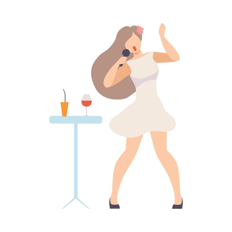 Girl In Cocktail Dress Singing With A Microphone In Karaoke Bar Illustration Isolated On White Background vector
