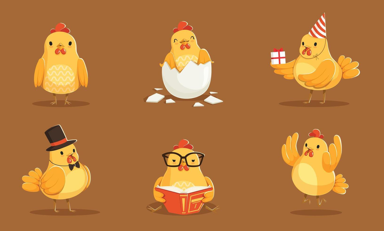 Set Of Animated Baby Chickens In Different Poses Illustration Cartoon Character vector