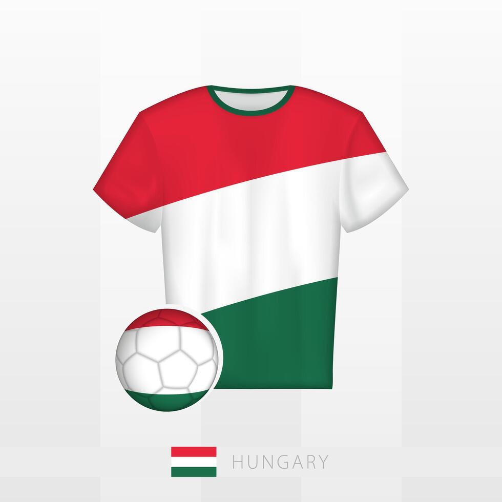 Football uniform of national team of Hungary with football ball with flag of Hungary. Soccer jersey and soccerball with flag. vector