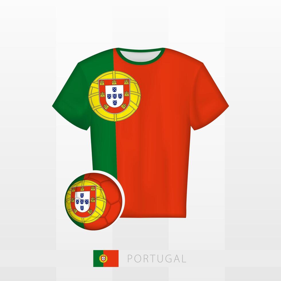Football uniform of national team of Portugal with football ball with flag of Portugal. Soccer jersey and soccerball with flag. vector