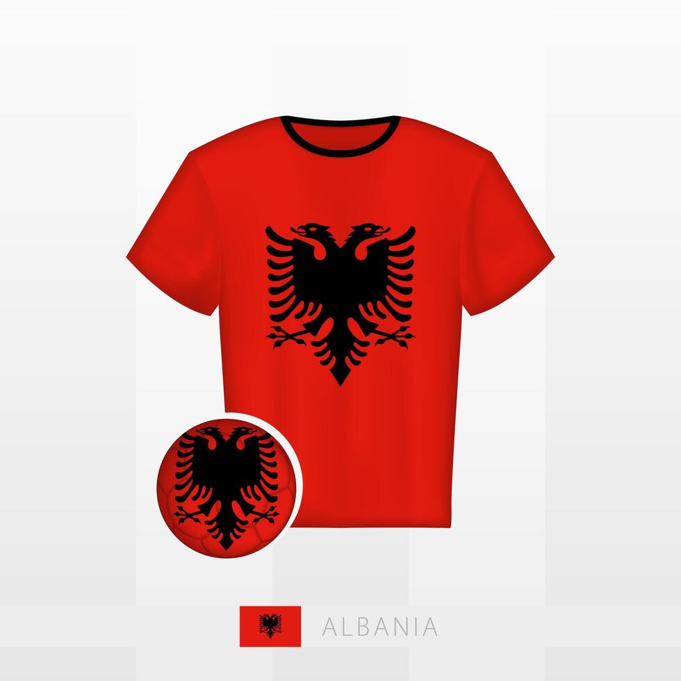Football uniform of national team of Albania with football ball with flag of Albania. Soccer jersey and soccerball with flag. vector