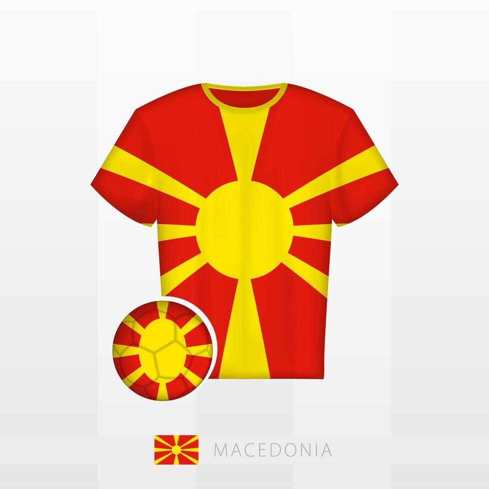 Football uniform of national team of North Macedonia with football ball with flag of North Macedonia. Soccer jersey and soccerball with flag. vector