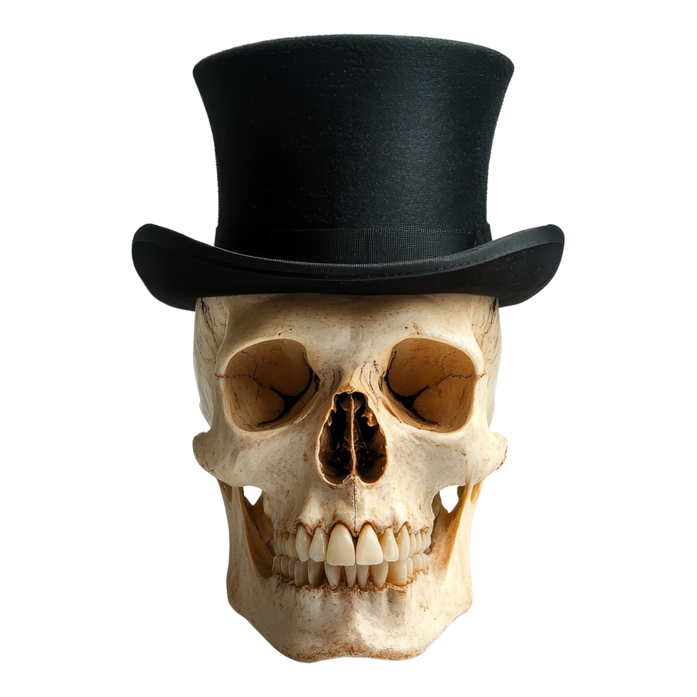 Skull in top hat artistic display studio close-up png