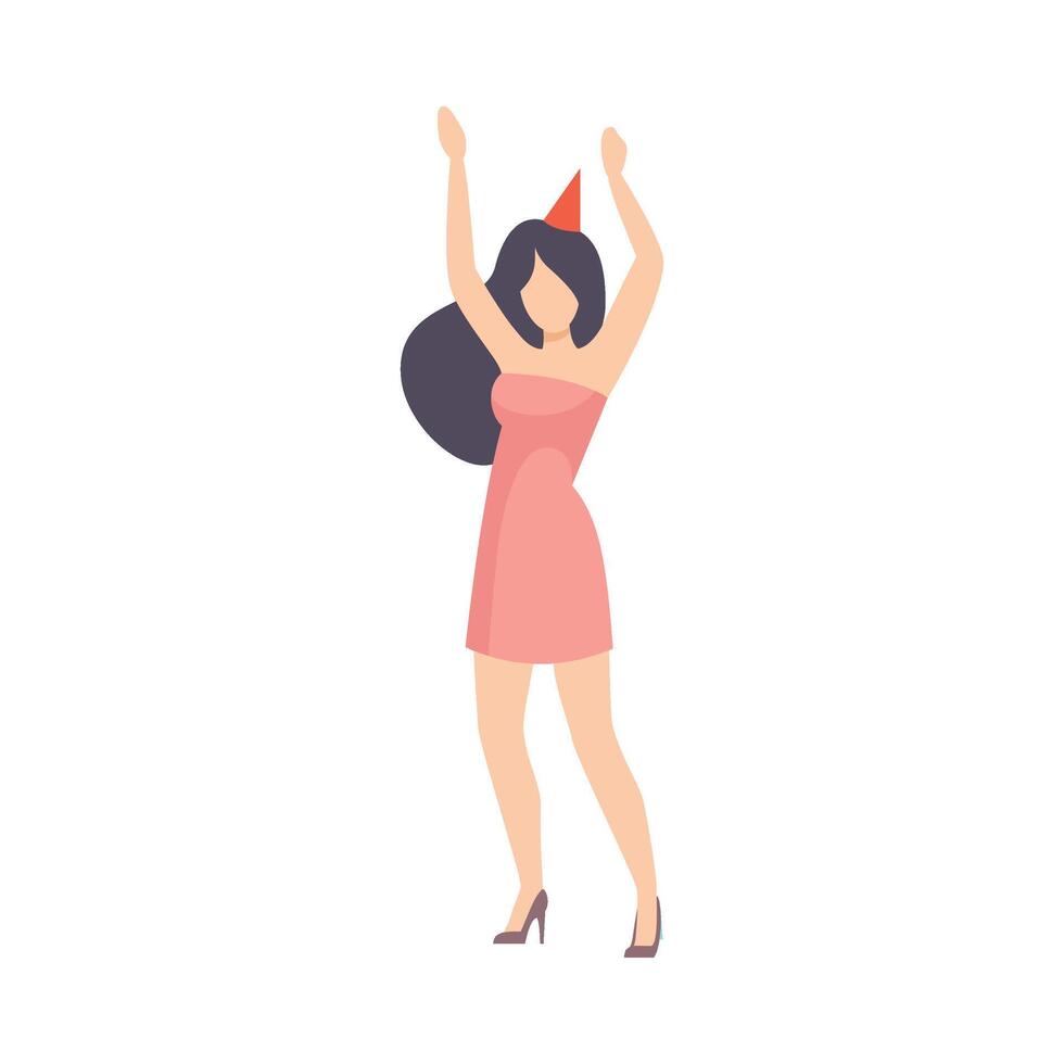Young Girl In Cocktail Dress Cheerfully Dancing At A Party Illustration Isolated On White Background vector