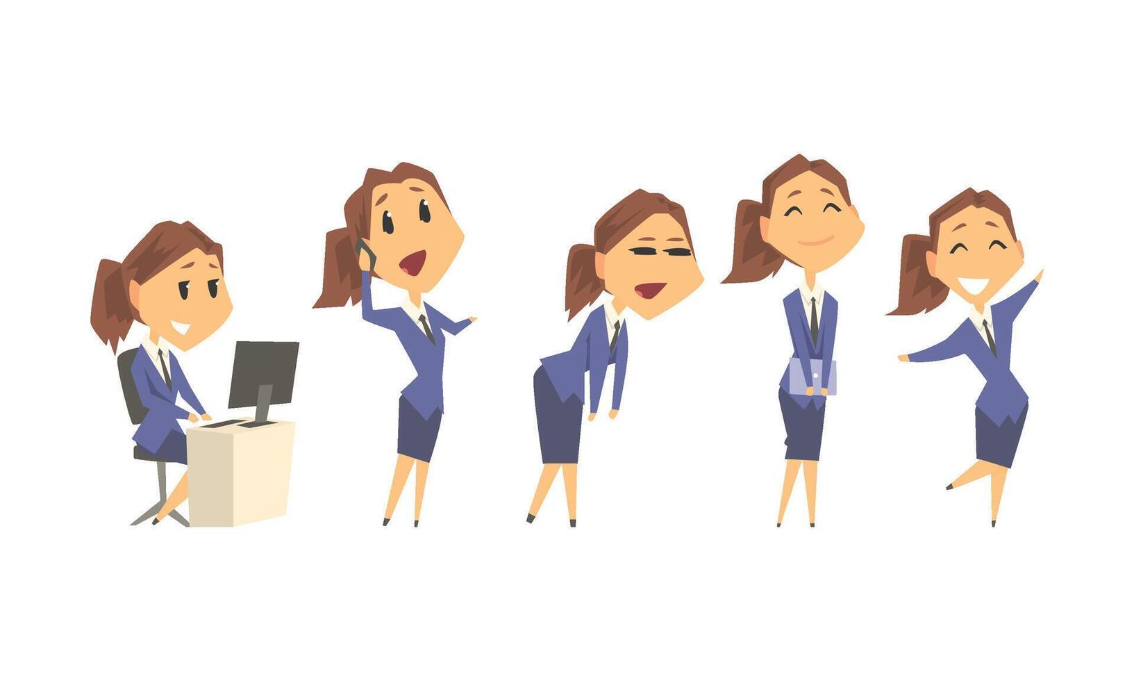 Woman Wearing Office Uniform and Working on Project During the Day Set vector