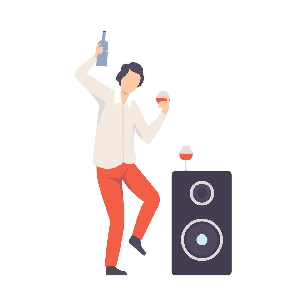 Guy In Shirt With Bottle And Glass Is Dancing At The Party Illustration Isolated On White Background vector