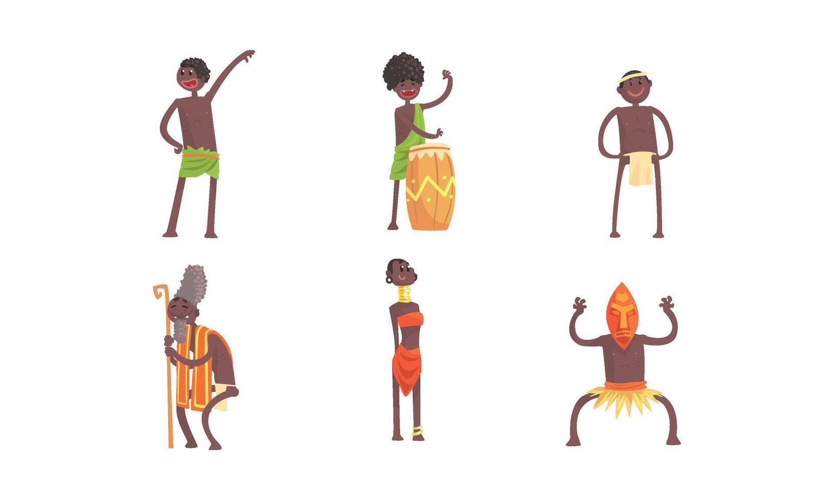 African Tribal Characters Set. Man Beating the Drum and Dancing Voodoo Dance vector